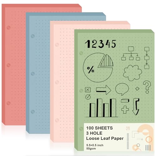 100 Sheets Half Letter 3 Hole Notebook Dot Grid Paper 5-1/2 x 8-1/2 Loose Leaf Paper for Mini Binder Colored Dotted Graph Paper Bulk Dotted Paper Refills for Planner Inserts for School Office - style: Dotted