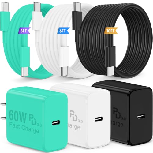 QZIIW Super Fast Charger Type C, 60W Colorful Mixed USB C Fast Charger Block 3 Pack & Extra Long 60W 3/6/10FT USB C Cable - PD Quick Charging 3.0 for iPhone 17 16 15 Samsung Galaxy S26 Ultra S25 S24+ - color: Green+White+Black