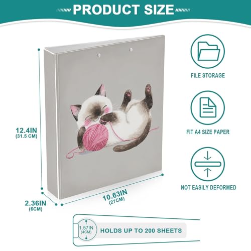 Fustylead Playful Siamese Cat 3 Ring Binder, D-Rings 1.5" Hardcover Folder, Fits 200 Sheets of A4 Paper, Durable Clipboard & Clean View with Inside Pockets for School Home Office - size: 12.4x10.63x2.36 Inch-1 Pack