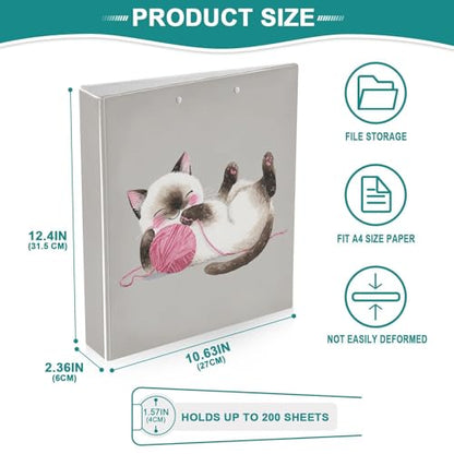 Fustylead Playful Siamese Cat 3 Ring Binder, D-Rings 1.5" Hardcover Folder, Fits 200 Sheets of A4 Paper, Durable Clipboard & Clean View with Inside Pockets for School Home Office - size: 12.4x10.63x2.36 Inch-1 Pack