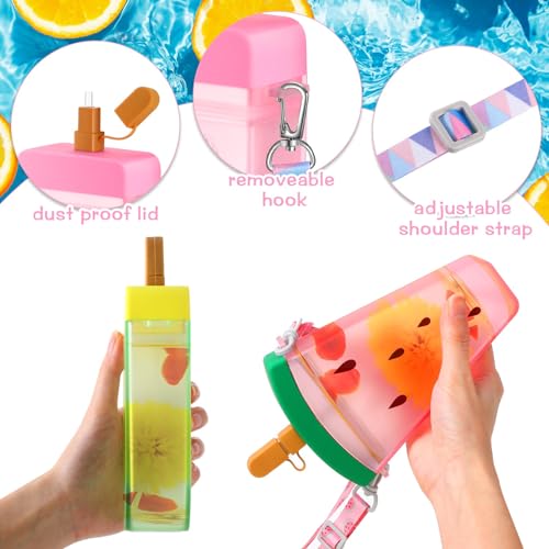 Patelai 8 Pcs Cute Water Bottles with Straw Kawaii Watermelon Ice Cream Cups Leak Proof Drinking Bottles with Adjustable Shoulder Strap for Sports Travel Camping(Classic Style) - style: Classic