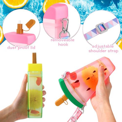 Patelai 8 Pcs Cute Water Bottles with Straw Kawaii Watermelon Ice Cream Cups Leak Proof Drinking Bottles with Adjustable Shoulder Strap for Sports Travel Camping(Classic Style) - style: Classic
