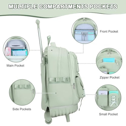 Scothen Rolling Backpack for Girls, Girls Backpack Set with Lunch Box & Pencil Pouch for Teen Girl Kids Children Elementary Middle School, Bookbag Daypack Laptop Travel Backpack with Wheels (Green) - color: Green