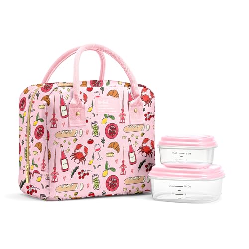 Fit & Fresh Bloomington Lunch Bag for Women - Insulated Large Lunch Box for Work with Containers, Leak-Resistant, Stain-Resistant, Zipper Closure, Pink Pasta Dinner - color: Pink Pasta Dinner