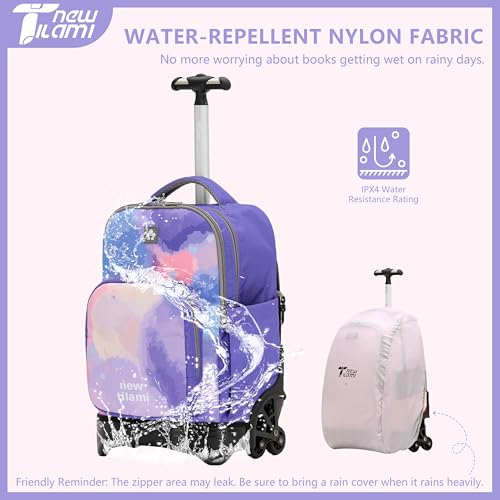 NEW TILAMI 18-Inch 6-Wheel Rolling Backpack for Kids, Purple Sky | Tear-Resistant Tuck-Away Trolley Handle Padded Back Panel Adjustable Shoulder Straps School Days Trips - color: Purple Sky