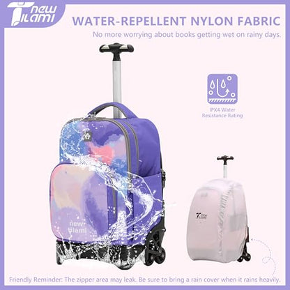 NEW TILAMI 18-Inch 6-Wheel Rolling Backpack for Kids, Purple Sky | Tear-Resistant Tuck-Away Trolley Handle Padded Back Panel Adjustable Shoulder Straps School Days Trips - color: Purple Sky