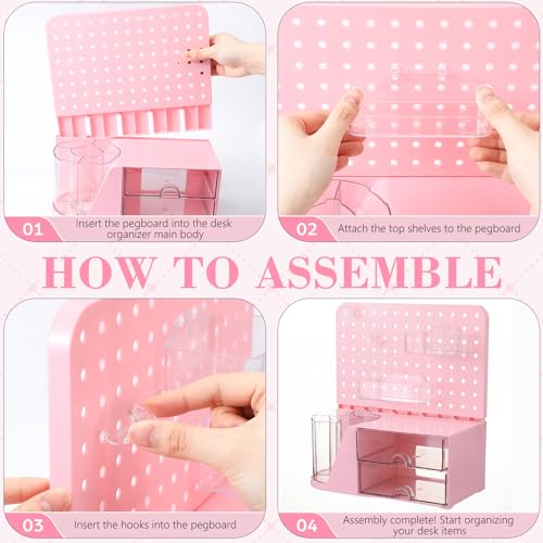 Novabright Desk Organizer with Drawers, Rotating Pen Holder with 5 Slots & Pegboard, Back to School & First Day of School Gifts, Multifunctional Desktop Storage for Desk Home Office Supplies(Pink)