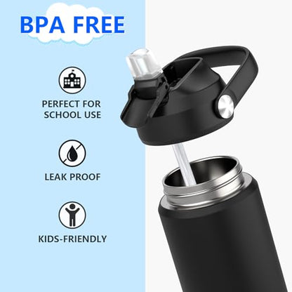 Kids Water Bottle with Straw,18 oz Boys Insulated Cups with Stainless Steel Leak Proof for School Boys Girls,Sport&Travel（Black） - color: B11.Black