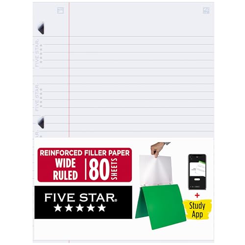 Five Star Loose Leaf Paper + Study App, Wide Ruled Filler Notebook Paper, Reinforced, Fights Ink Bleed, 8" x 10-1/2", 80 Sheets (150002) - size: 80 Sheets