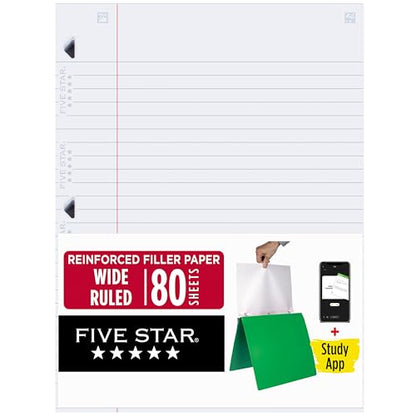 Five Star Loose Leaf Paper + Study App, Wide Ruled Filler Notebook Paper, Reinforced, Fights Ink Bleed, 8" x 10-1/2", 80 Sheets (150002) - size: 80 Sheets