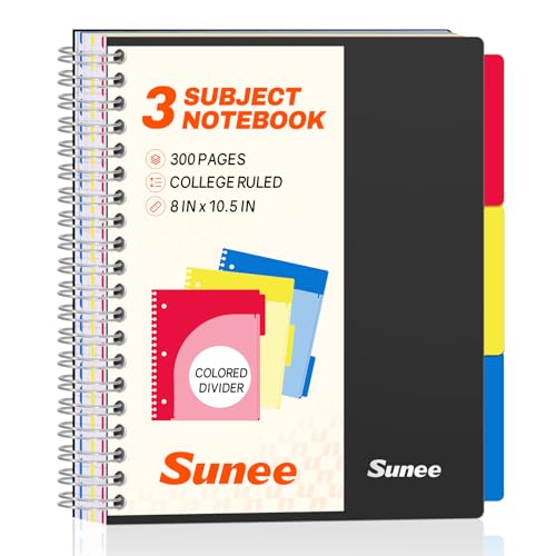 SUNEE Spiral Notebook, 3 Subject, College Ruled Paper, 8" x 10-1/2", 150 Sheets/300 Pages, 3 Pocket Colored Dividers, Water Resistant Cover, Black - color: Black