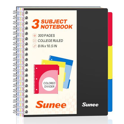 SUNEE Spiral Notebook, 3 Subject, College Ruled Paper, 8" x 10-1/2", 150 Sheets/300 Pages, 3 Pocket Colored Dividers, Water Resistant Cover, Black - color: Black