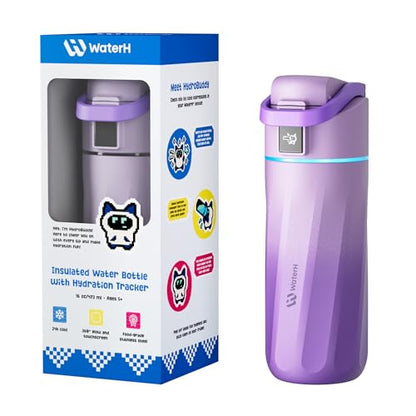 WATERH BOOST Kids Smart Water Bottle with Reminder & Tracker, 16oz | BPA-Free, Vacuum Insulated Stainless Steel, 24H Cold & 12H Hot, DIY Fridge Magnets, Rubber Base, Ideal for Travel & Camping - color: Mauve
