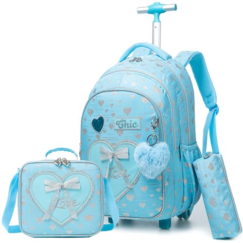Cute Rolling Backpack for Girls Kids Backpack with Wheels for Travel Kids Backpacks for Girls with Lunchbox School Backpack for Kids Elementary Student Schoolbag, Blue 01 - color: Blue