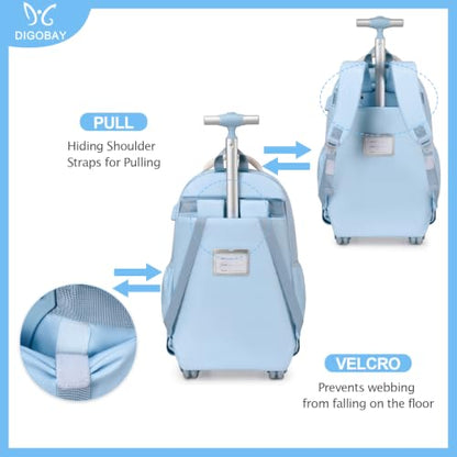 DIGOBAY Rolling Backpack for Girls, Cute Roller School Bag with Wheels, Kids Wheeled Backpacks Set with Lunch Bag Pencil Case for Teen Girls Kindergarten Elementary Middle School - color: Blue