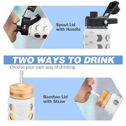 MUKOKO Glass Water Bottle, 32oz, White | Glass Tumbler with Straw, Drinking Bottles with 2 Lids-Handle Spout Lid & Bamboo Straw Lid, Silicone Sleeve, 1 Pack - color: White, size: 32 Ounces
