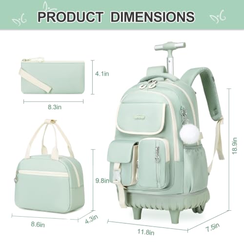 DIGOBAY Rolling Backpack for Girls, Girls Roller Backpack with Lunch Bag and Pencil Case, School Bookbag with Wheels for Elementary Middle High School Travel, Green - color: Green