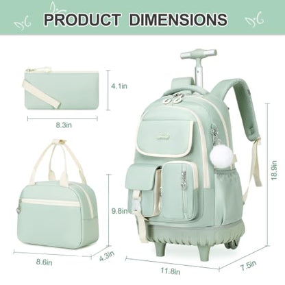 DIGOBAY Rolling Backpack for Girls, Girls Roller Backpack with Lunch Bag and Pencil Case, School Bookbag with Wheels for Elementary Middle High School Travel, Green - color: Green