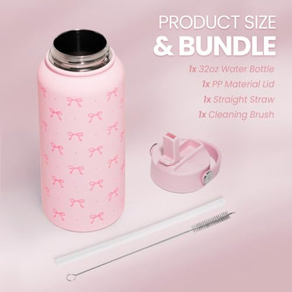 Pink Bow Water Bottle Stainless Steel Insulated Vacuum 32oz with Lid, Gifts for Women Girls Teens Birthday Christmas - color: Coquette Pink Bow