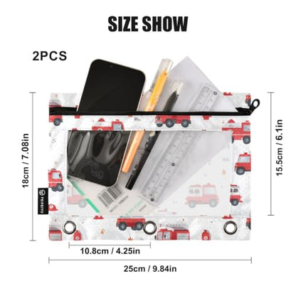 Gredecor 3 Ring Binder Pencil Pouch, Cartoon Red Fire Trucks White Zippered Pen Case Pouches with Clear Window, 2 Pack Stylish Office & School Supplie - color: Cartoon Red Fire Trucks White