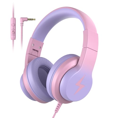 Candy Bila Kids Wired Headphones for Kids with Microphone, 85/94dB Volume Limiter Headphones for Girls Boys, Light Purple - color: Light Purple and Pink