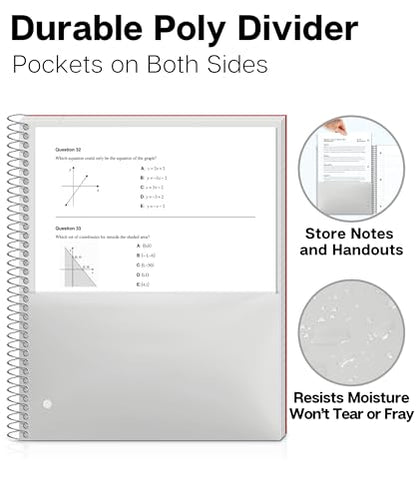 Dunwell 3 Subject Notebook College Ruled (Red), 150 Sheets (300 Pages), Spiral Notebook 8.5 x 11, Plastic Cover, 3 Pocket Divider Folders, 3-Hole Punched Perforated Paper - color: Red