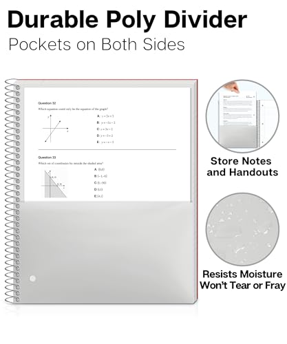 Dunwell 3 Subject Notebook College Ruled (Red), 150 Sheets (300 Pages), Spiral Notebook 8.5 x 11, Plastic Cover, 3 Pocket Divider Folders, 3-Hole Punched Perforated Paper - color: Red