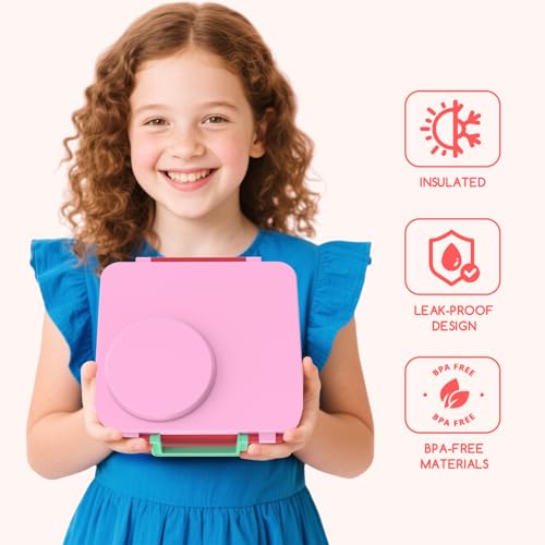 Bento Box for Kids - Leak-Proof Bento Lunch Box with Insulated Thermo Food Jar - 4 Compartments, 1 Removable Divider, 1 Spoon, 1 Fork - Dishwasher Safe, BPA-Free (Pink) - color: Pink