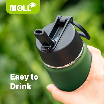 Kids 16 oz Stainless Steel Double Wall Vacuum Insulated Wide Mouth Water Bottle for School - Metal Leak-Proof Travel Water Flask with Straw (Grass Green) - color: Grass Green, size: 16 Ounces