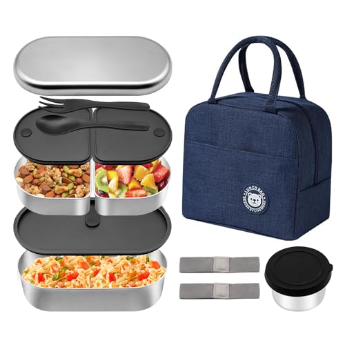 Stainless Steel Bento Box, Stackable & Leakproof Lunch Box, 3 Compartment Food Storage Containers，Microwave/Dishwasher Safe Bento Lunch Box for Work/Travel
