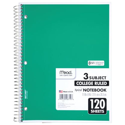 Mead Spiral Notebook, 3 Subject, College Ruled Paper, 8" x 11", 120 Sheets, Color Will Vary (820394-25)