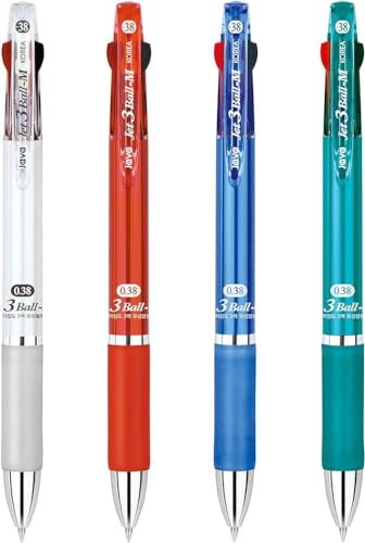 JVPEN 0.38mm 3-Color Ballpoint Pens – Ultra-Fine Tip, Jet-3 Design, Smooth Oil-Based Ink, Stylish Pastel Barrel, Ergonomic Grip – Black/Blue/Red Ink – 4-Pack - color: 0.38mm Jet3Ball M_4Assorted