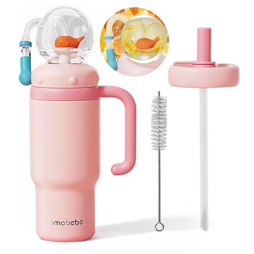 Como bebe 24oz 316 Stainless Steel Whale Fountain Sippy Cup, Insulated Whale Squirt Tumbler with Handle, Leak Proof Straw Cup with 2 Types Lids, Fits Car Cup Holder for Kids Teens Adults (pink) - color: Pink