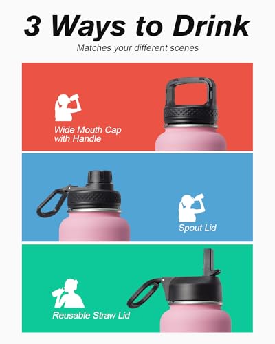 Coolflask 32 oz Water Bottle Insulated with Straw & 3 Leakproof Lids | Water Flask Stainless Steel Triple-Wall Vacuum,Cold 48+h, Dishwasher Safe,Wide Mouth,BPA-Free,Carrier Bag,for Gym,Hiking - color: Bubblegum Princess, size: 32 Ounces