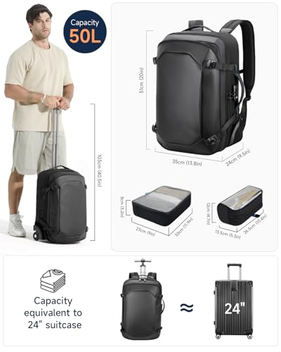 Rolling Laptop Backpack, Carry on Backpack with Wheels, Water Resistant Carry on Suitcase with 2 Packing Cubes, TSA Large Travel Wheeled Backpack for Men to Airline Work Business, Black - color: Black-518