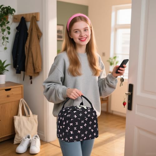 LEDAOU Kids Lunch Bag for Girls, Insulated School Lunch Box, Lightweight | Insulated interior, lightweight design, front pocket, smooth dual zippers, ideal for school and travel - color: Black Bow
