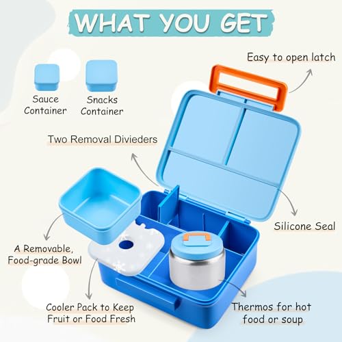 Bento Lunch Box for Kids with 8oz Soup Thermo Leak-Proof Lunch Food Containers with Snack Sauce Container for Kid Girls Boys to School, Blue - color: Pure Blue