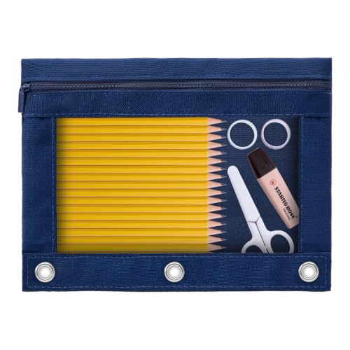 3 Ring Binder Pencil Pouch, Durable Pencil Case for School Supplies, Classroom Must Haves, 3-Hole Design Fits Binders, Zipper Closure, Ideal for Students/Back to School Navy Blue - color: Navy Blue
