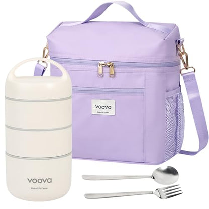 Voova Stackable Stainless Steel Thermal Lunch Box with Lunch Bag and Cultery Set for Adult Women Men, 3 Tier Leakproof & Microwave Safe Insulated Bento Boxes Food Container for Work, Purple - color: Purple