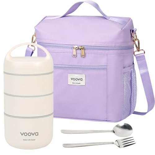 Voova Stackable Stainless Steel Thermal Lunch Box with Lunch Bag and Cultery Set for Adult Women Men, 3 Tier Leakproof & Microwave Safe Insulated Bento Boxes Food Container for Work, Purple - color: Purple
