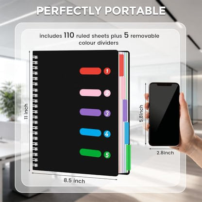 Subject Notebook Wide Ruled, 8.5x11inch Hardcover 5 Subject Lined Spiral Notebook with Dividers Tabs for School Note Taking Office Journal, 220 Pages, Black - color: Black