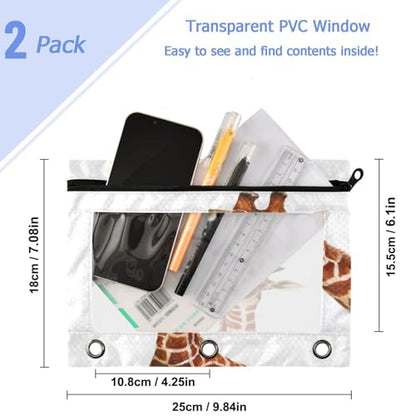 Studying 2 Pack Cute Giraffe Cub and Mom 3 Ring Binder Pencil Pouch Bags,Clear Window Storage Case with Zipper for Boys Girls School Office Supplies Cosmetics Organizers - color: Multi-giraffe
