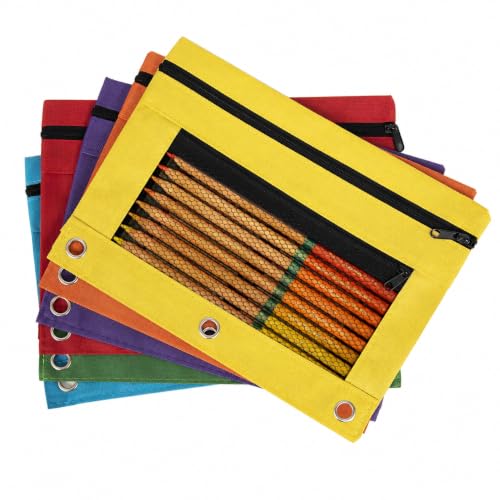 6Pack Pencil Pouches for 3 Ring Binder, Bulk 6 Pack 3-Holes Zipper Pencil Pouches in Assorted Colors,Fabric Pencil Cases Pockets Bags for Home/Office