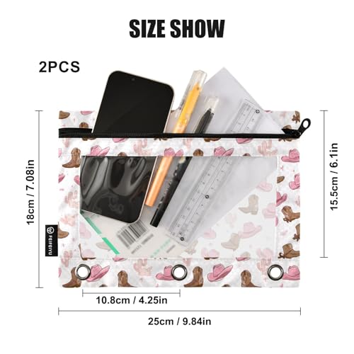 Pink Cowgirl Hats Binder Pencil Pouches, Pencil Case with Clear Window 3 Rings Pen Case Holder School Office Supplies Cosmetic Makeup Bag 2 Pack - color: Multicolored-1