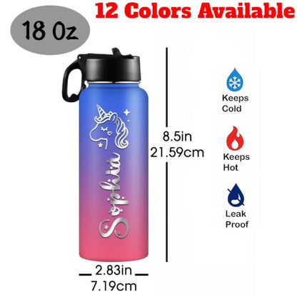D-Story Personalized Kids Water Bottle with Straw Lid—Custom Name & Icon to Prevent Loss, 18 oz Leak-Proof Stainless Steel Insulated Bottle, Back-to-School Birthday Gift for Boys and Girls - color: Name &Icon