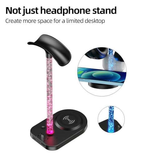 3 in 1 Wireless Charging Station with Headphone Stand, RGB Night Light, 15W Fast Wireless Charging, Desktop Wireless Charging Organizer, Multi Port Charging Stand for Desk