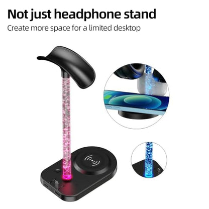 3 in 1 Wireless Charging Station with Headphone Stand, RGB Night Light, 15W Fast Wireless Charging, Desktop Wireless Charging Organizer, Multi Port Charging Stand for Desk
