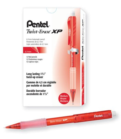 Pentel Twist Erase EXPRESS Automatic Pencil, 0.7mm Lead Size, Red Barrel, Box of 12 (QE417B) - color: Red, size: 12 Count (Pack of 1)