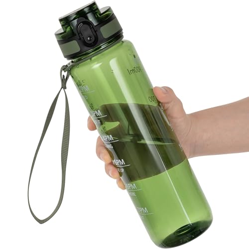 OLDLEY Water Bottle, 32oz Motivational Sports Water Bottle with Time Marker - Times to Drink - Tritan, BPA Free, Wide Mouth Leakproof,Olive - color: Olive