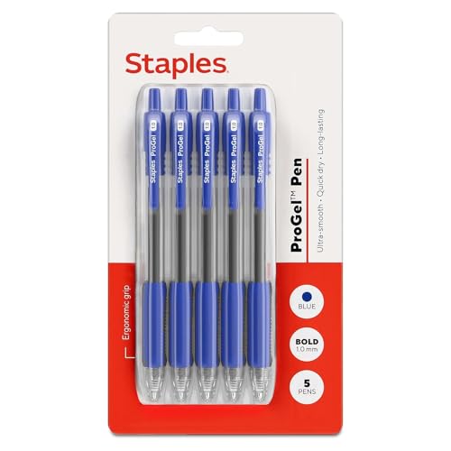 STAPLES ProGel™ Retractable Gel Pen, Bold Point, 1.0mm, Blue Ink, 5/Pack - color: Blue, size: 5 Pack, style: 1.0mm